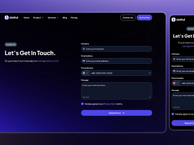 slothUI - World's Laziest Design System - Contact Page Dark Mode clean ui contact form contact form ui contact page contact us page dark mode design system figma design system figma ui kit get in touch get in touch page gradient ui minimal ui modern ui purple slothui soft ui ui design ui kit web design