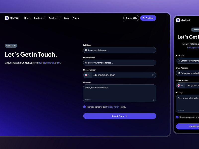 slothUI - World's Laziest Design System - Contact Page Dark Mode