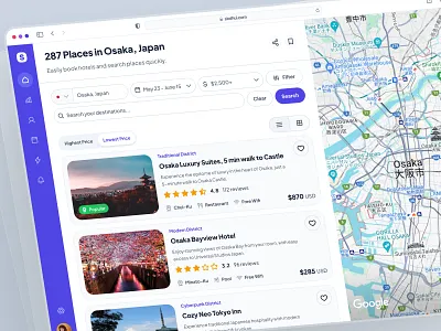 slothUI - World's Laziest Design System - Listings Dashboard UI clean ui dashboard design design system figma design system figma ui kit hotel booking app hotel booking dashboard hotel listing interface design listing card ui listing dashboard listing ui map ui minimal purple real estate dashboard slothui soft ui ui design ui kit