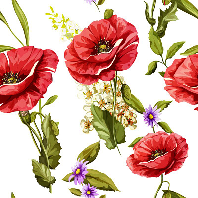 Poppy flowers. Seamless background pattern of poppy flowers. Vec creative background