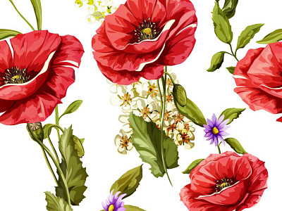 Poppy flowers. Seamless background pattern of poppy flowers. Vec creative background