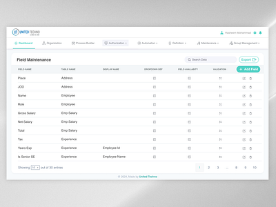 Assortment Planning Tool's Field Maintenance Page Design ai assortment planning tool dashboard data table design field maintenance figma navigation navigation bar side menu table top menu ui ux