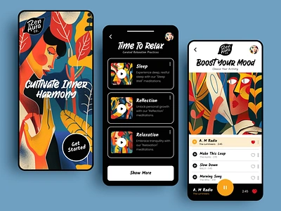 Mindfulness and Meditation App Concept application black bright concept creative design harmony illustration inhensweb meditation meditative mental health mindfulness mobile modern ui zen