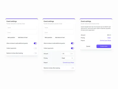 Event settings 💆‍♂️ configuration form jimdesigns jimdesigns.co modal product design settings ui