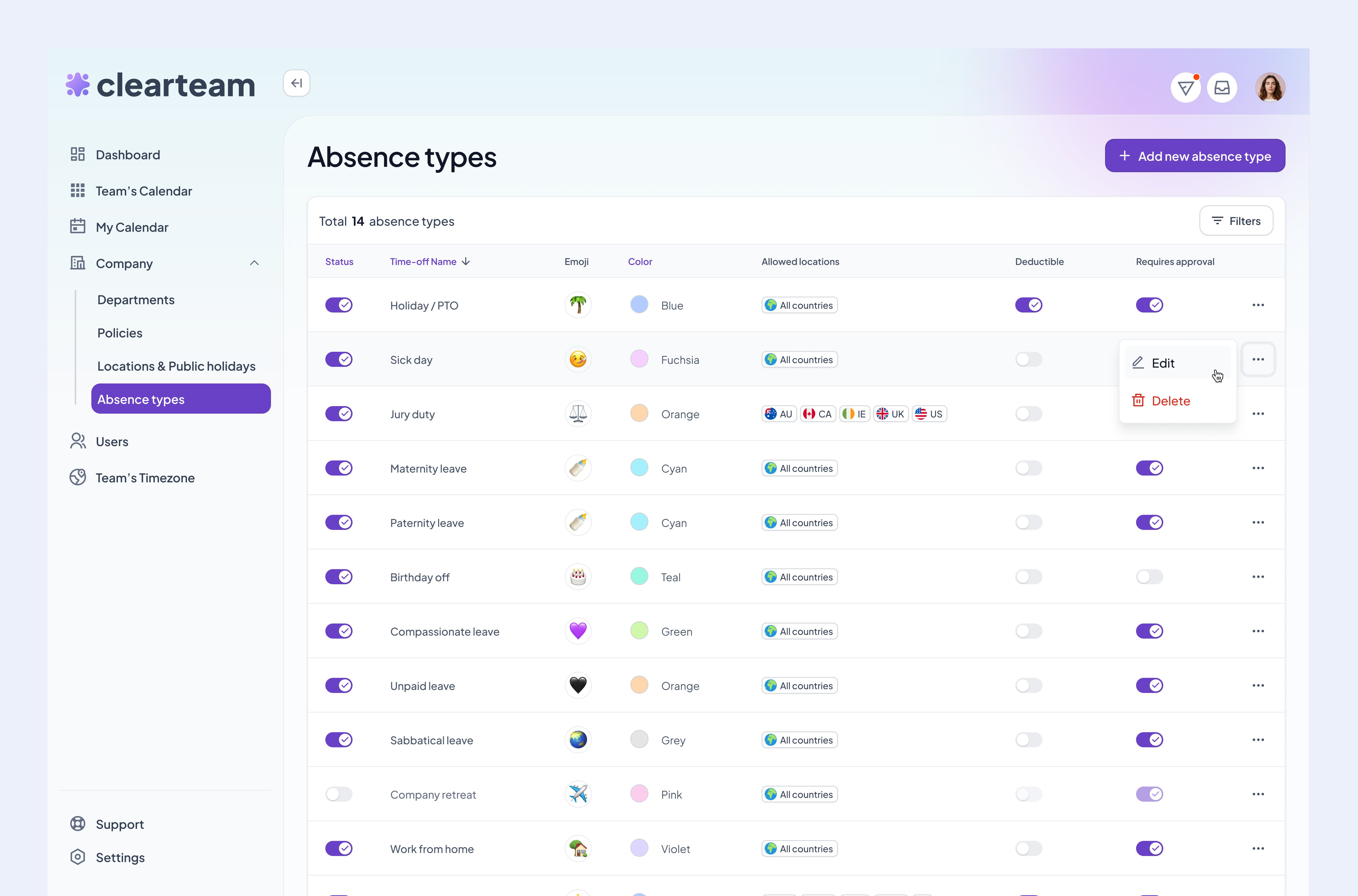 Staff Holiday planner - Absence types for employees clean dashboard minimalist saas ui ux