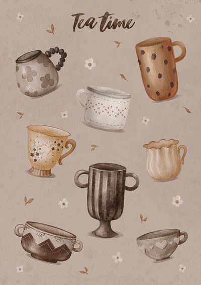 "Tea Time" watercolor stickers digital draw illustration