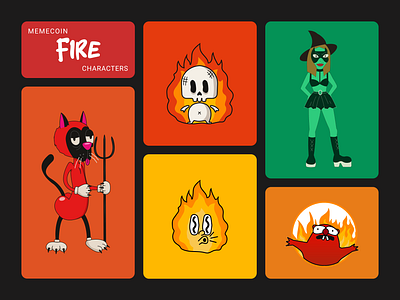 Characters Concepts for Memecoin burning cat characters fire groundhog hell illustration logo skeleton vector witch