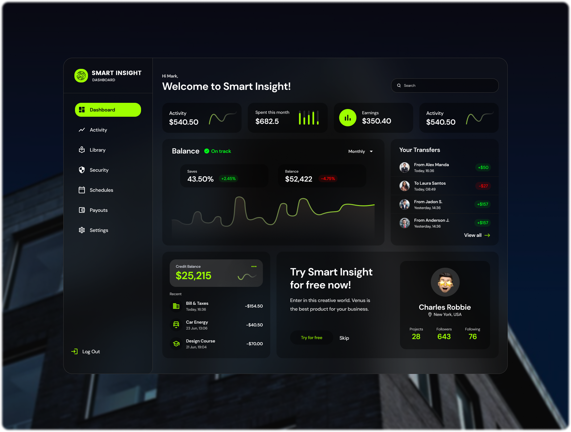 Smart Insight - Dashboard dark dashboard dashboard ui digital figma glass graph green insights sidebar smart ui ux