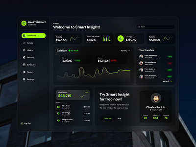 Smart Insight - Dashboard dark dashboard dashboard ui digital figma glass graph green insights sidebar smart ui ux