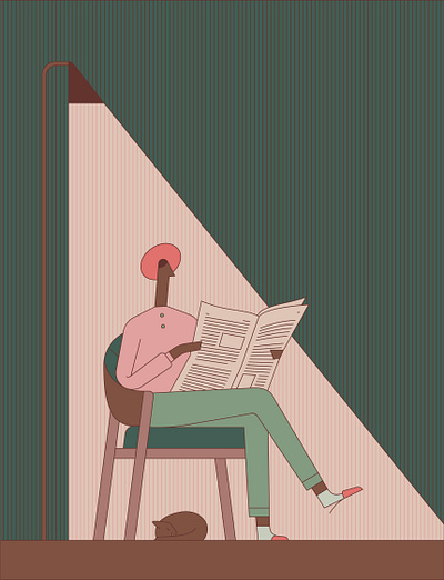 News. cat chair character green hat illustration lamp news pink reading relax sleeping vector