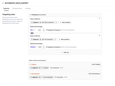 Feature Flag - Targeting Rules UI feature flags figma filter filters flags light mode minimal product design saas table tabs toggle ui web