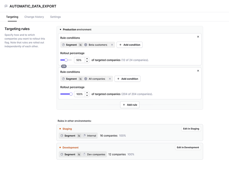 Feature Flag - Targeting Rules UI feature flags figma filter filters flags light mode minimal product design saas table tabs toggle ui web