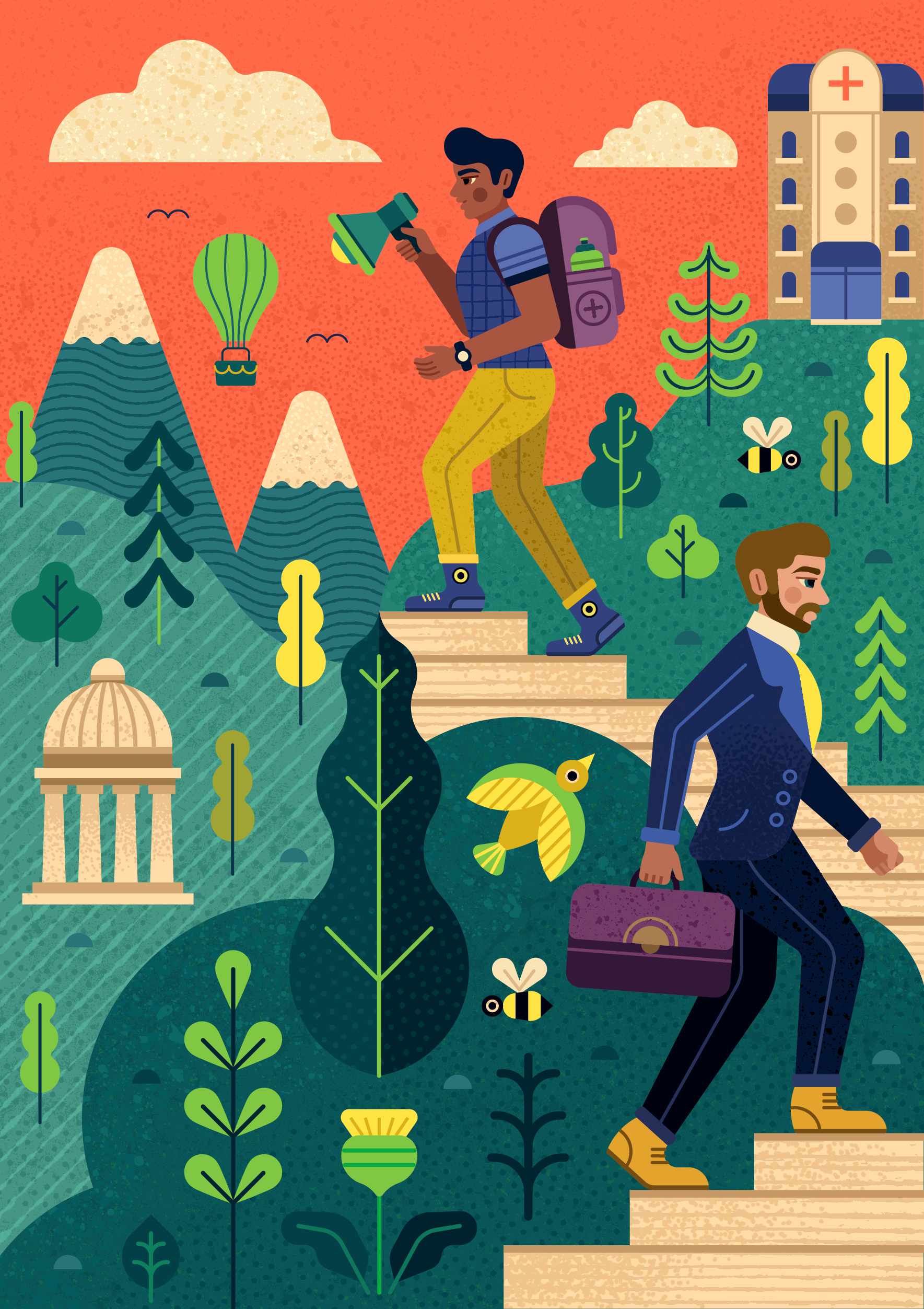 Health prevention abstract adobe illustrator bees bird business design editorial geometric health healthcare hospital illustration man men mountains nature pattern texturies trees vector