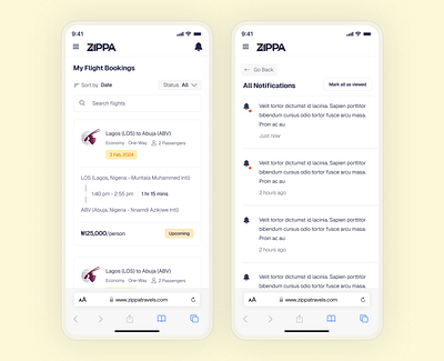 Zippa Travels Mobile Screens- Flight Bookings & Notifications ui ux web design