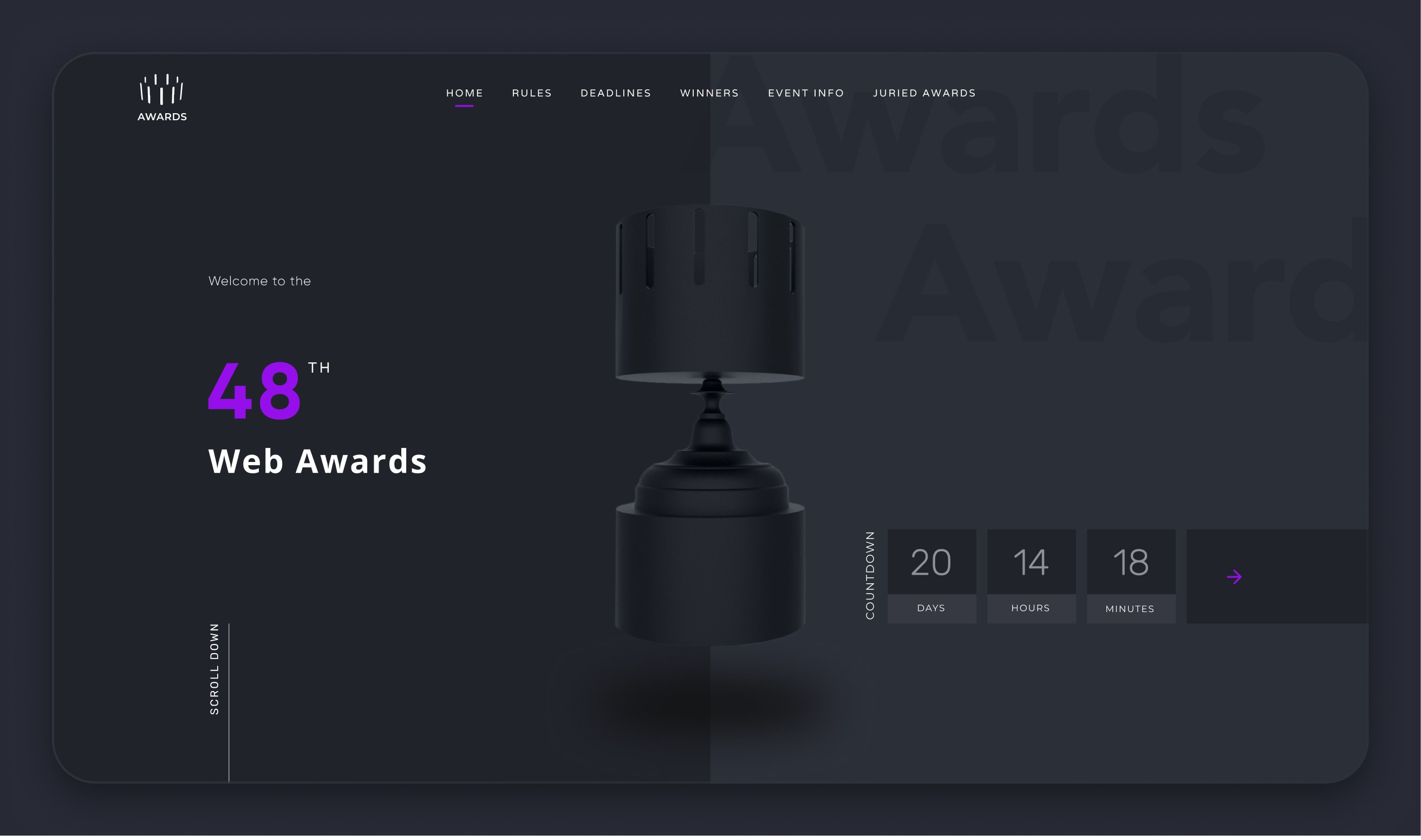 Awards Homepage 3d branding dark theme graphic design hero image motion graphics ui design web design website