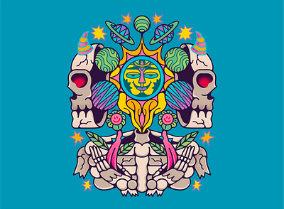 Chained album branding colorful death design flower graphic design illustration merch mushroom pray psychedelic skeleton skull soul space star sun ui universe