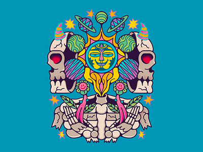 Chained album branding colorful death design flower graphic design illustration merch mushroom pray psychedelic skeleton skull soul space star sun ui universe