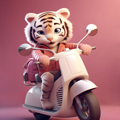 3d rendering young Tiger scooter 3d african tree animation graphic design