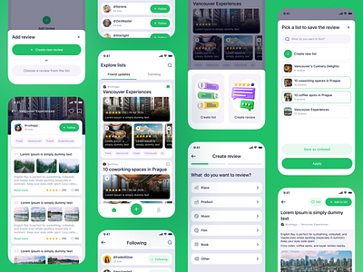 Mobile app to discover and share reviews articles attachments blog boards collection create discover follow green interesting places lists mobile mobile app reviews sapienix shop top trending ui ux