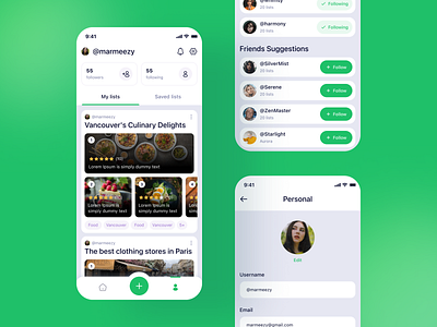 Mobile app to discover and share reviews board create discover followers following green list lists profile review save to trending ui ux