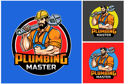 Plumbing Master Logo cartoon handyman logo man masculine muscular plumber plumbing powerful strong