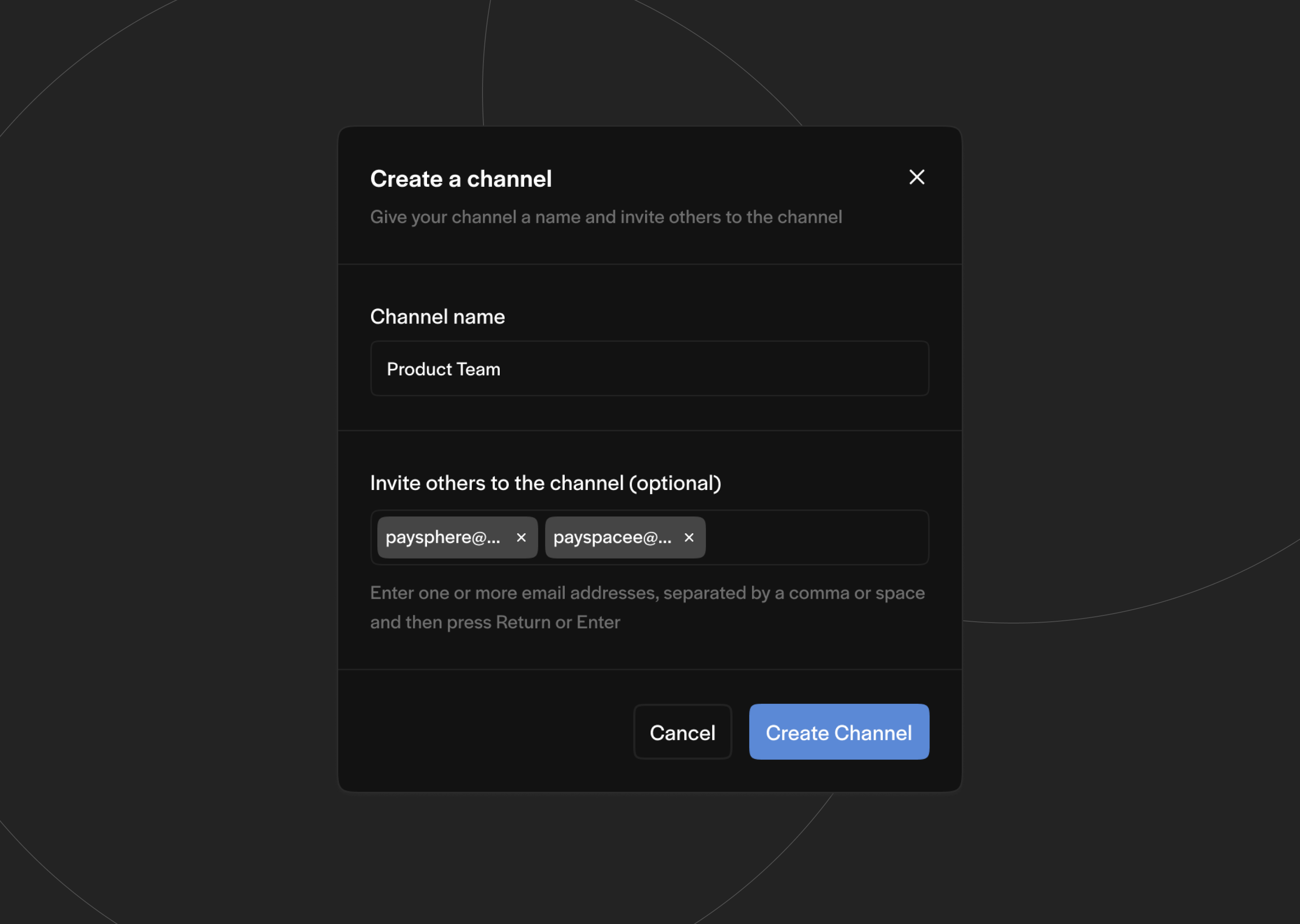 Channel Creation (dark version) channel channel creating clean component components creating creation creation channel dark field fields form forms input minimalism modal pop up product design ui ux