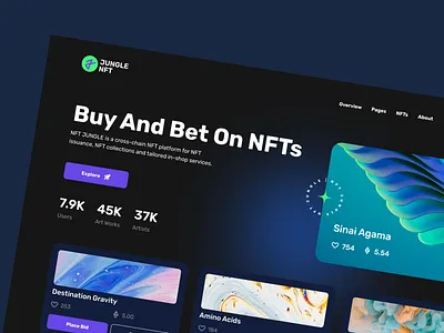 NFT concept Main Screen atomic design color component crypto art dark theme design patterns digital art emerald palette grid system jungle logo design main screen marketplace minsmalist design nft nft platform purple palette ui ux user interface web design