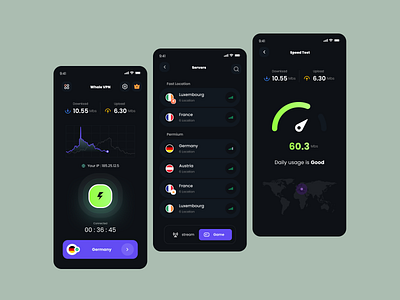 VPN Connection Mobile Application UI Design ai app design connnectin app dark mode interface design mobile mobile privacy app modern vpn app network app secure browsing ux security usability user friendly vpn interface v2ray vpn app dashboard vpn app design vpn connection ui vpn mobile uxui vpn service app