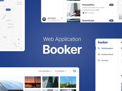 Booker - Workplace booking platform authorization booking platform home page map visualization office payment page place booking room saas aplication search results wed design