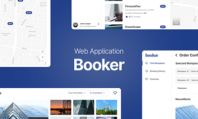 Booker - Workplace booking platform authorization booking platform home page map visualization office payment page place booking room saas aplication search results wed design