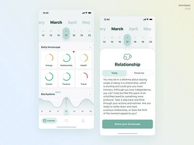 AstroSpot biorhythms calendar daily tips horoscope insights mobile app relationship ui zodiac sign