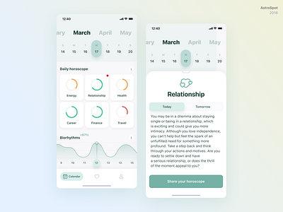 AstroSpot biorhythms calendar daily tips horoscope insights mobile app relationship ui zodiac sign