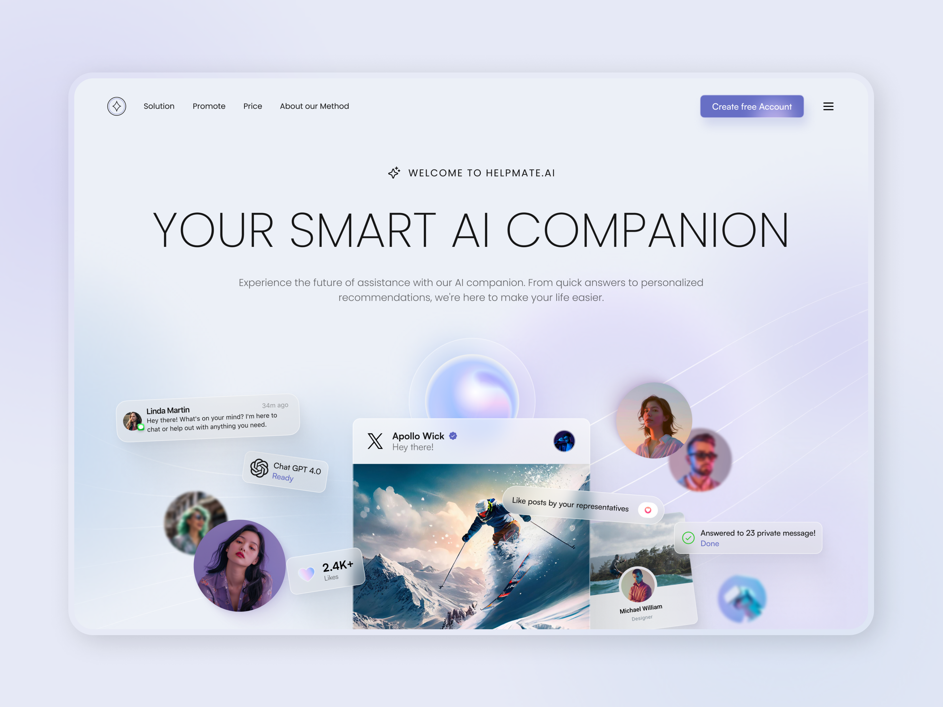 Helpmate.AI — Futuristic AI Assistant Web Design | Modern UI 3dmockup aidesign conceptdesign dashboarddesign designexploration futuristicui interactiondesign minimalinterface productdesign uidesign uxdesign webdesign