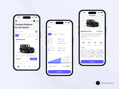 Car Rental App Screens app design app filter artistic rishi buy now car app car detail car rental app details screen e commerce home screen location mahendra thar mobile app notification online shoping app order price graph ui ui app visual designer