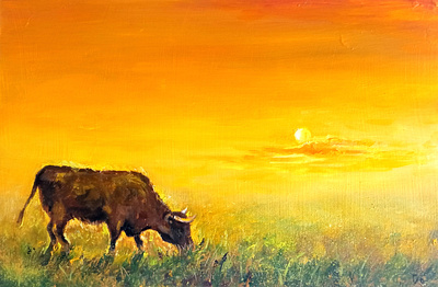 Original oil painting, Nature of Ukraine and Cow, Ukrainian art animal art cow hand painted nature paint painting pet ukraine