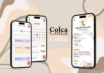 Colca - Personalized collaborative calendar. Mobile application app application calendar chats collaborative comments customize date design events graphic design mobile mockups qr share tags ui user profile ux uxui