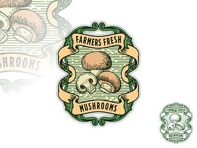 Vintage Hand-drawn Emblem Logo for Farmers Fresh Mushrooms agricultural logo awesome logo baroque emblem baroque ornamental classic logo emblem logo farm logo hand drawn illustration hand drawn logo logo agency mushroom logo musroom agriculture ornamental emblem vintage logo