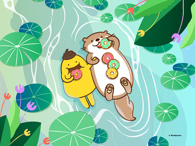 Sunny Day with Otter 2d illustration animal branding character design character illustration chill cute character day out digital illustration donut foodie illustration monster otter river sunny day vibrant colour wackymons