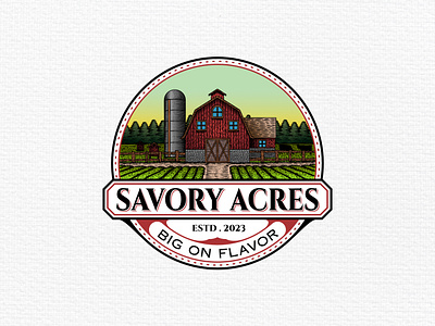 Vintage Hand-drawn Emblem Logo for Savory Acres agricultural logo awesome logo barn house logo barn logo classic logo emblem logo farm logo farming logo hand drawn illustration hand drawn logo llogo design logo agency vintage emblem vintage logo