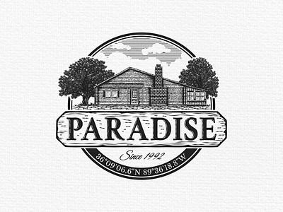 Vintage Hand-drawn Illustration Logo for Paradise Hunting Lodge awesome logo cabin logo classic logo emblem logo engraved illustration hand drawn illustration hand drawn logo hunting community hunting logo logo agency maple tree logo oak tree logo realistic logo vintage logo wood cabin logo