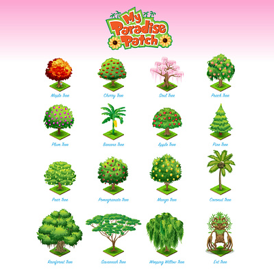My Paradise Patch - Farming Game 2d 2d game 2d graphic 2d illustration adobe illustrator casual game design digital art farming game flowers illustration in game isometric isometric game logo logo design online game plants trees vector