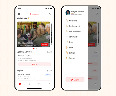 The homepage and menu of a Blood donor app design ui uidesign uiuxdesign