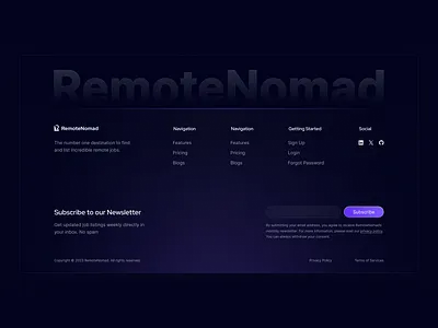 Footer Design ai dark theme footer job website remote jobs remotenomad saas ul ux web design website