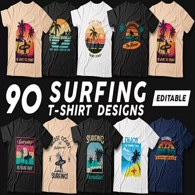 90 Surfing T-shirt Designs Vector Bundle - Beach T-shirt SVG apparel graphic design motion graphics