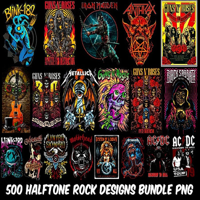 500+ T-Shirt Designs Bundle, Rock Bands Design Pack, Halftone apparel graphic design motion graphics