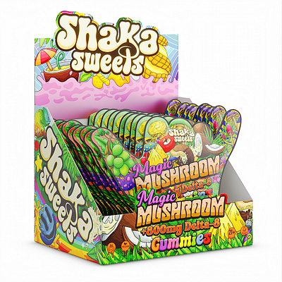 Shaka Sweets Open Box Designs branding character design design graphic design gummybox gummyboxdesign illustration logo logo design magicmushroom mushroom mushroomboxdesign mushroomgummy openbox openboxdesign ui ux vector