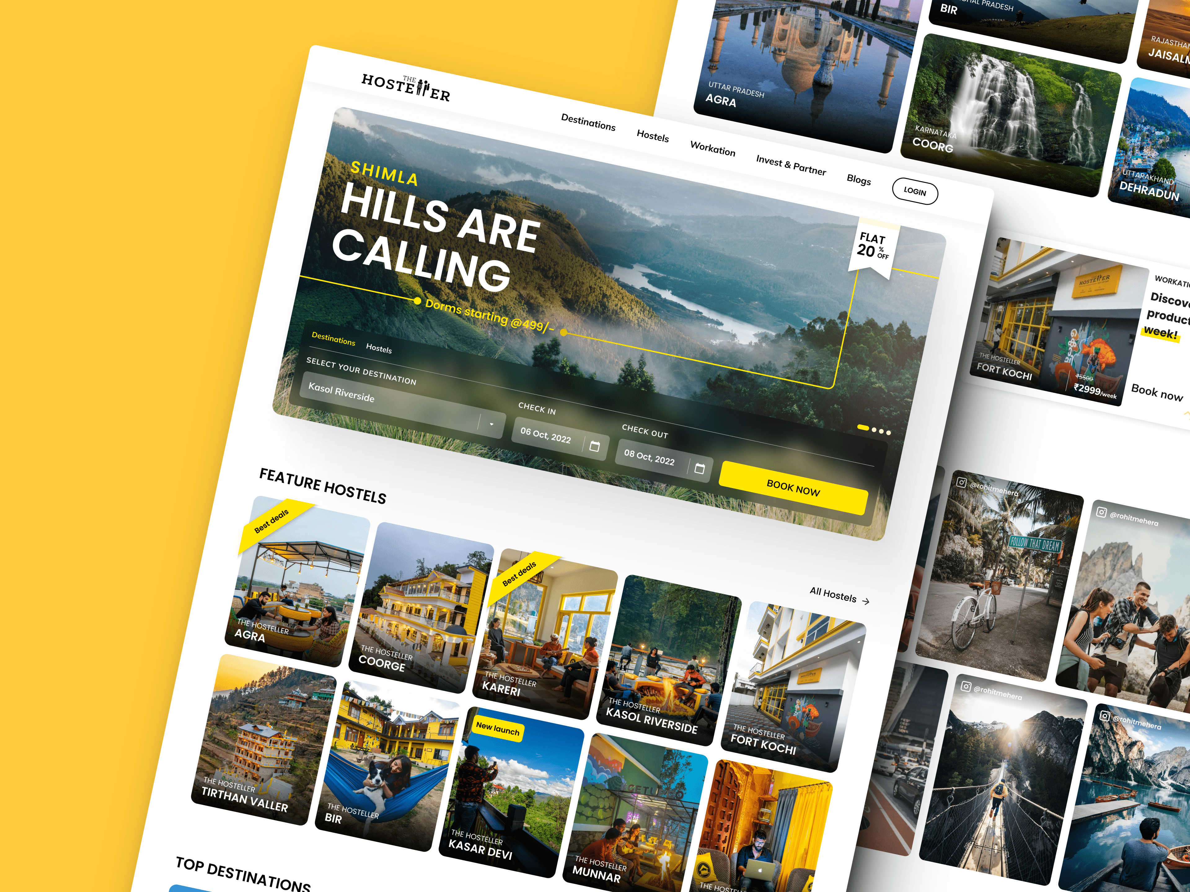 The Hosteller - Landing Page adventuretravel backpackers booking branding design funky home page hostelbooking hostellife illustration landing page logo travel travelindia trending ui uiux user experience ux yellow