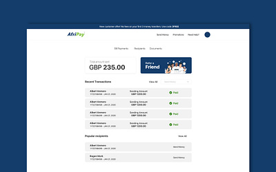 Afripay Dashboard dashboard money transfer ui ux