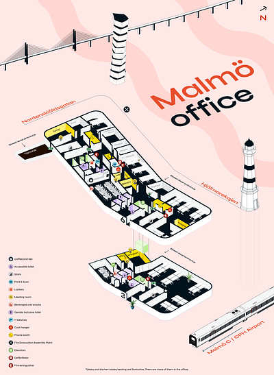 Malmö office map illustration internal isometric legend malmo map office