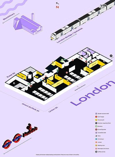 London office map illustration internal isometric map office train